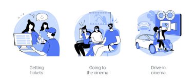 Akşam karikatür vektör çizimleri ayarlandı. Etkinliğe bilet almak, sinemaya gitmek, arabalı sinema, birlikte boş zaman geçirmek, kentsel yaşam tarzı çizgi filmi.