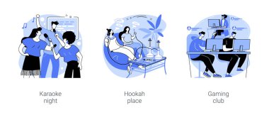 Akşam eğlencesi karikatür vektör çizimleri ayarlandı. Karaoke gecesi, nargile mekanında Shisha tüttürme, bir sürü bilgisayarı olan oyun kulübü, arkadaşlarla zaman geçirme vektör karikatürü..