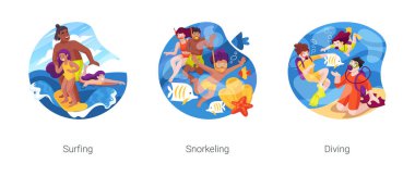 Deniz kenarında izole edilmiş karikatür vektör çizimi seti. Aile sörfü dersi, çocuklar sörf tahtasında ayağa kalkıyor, şnorkelle yüzüyor, maskeyle yüzüyor, birlikte dalıyor, deniz kenarı aktivite çizgi filmi.