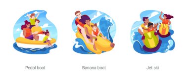 Deniz faaliyetleri karikatür vektör illüstrasyonu seti. Pedallı tekne kiralama, deniz bisikleti, aile muzu sürme, eğlenme, jet ski 'ye binme, tatil beldesi eğlence karikatürü.