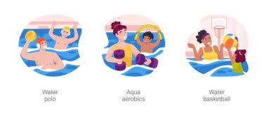 Yüzme havuzu aktiviteleri karikatür vektör çizimi seti. Su topu oynamak, havuz oyunu oynamak, aile aerobik yapmak, havuz başı basketbolu oynamak, küçük halka vektör çizgi filmine top atmak..