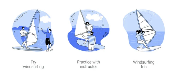 Windsurfing Isolated Cartoon Vector Illustrations Set Man Having First Class — Stockový vektor