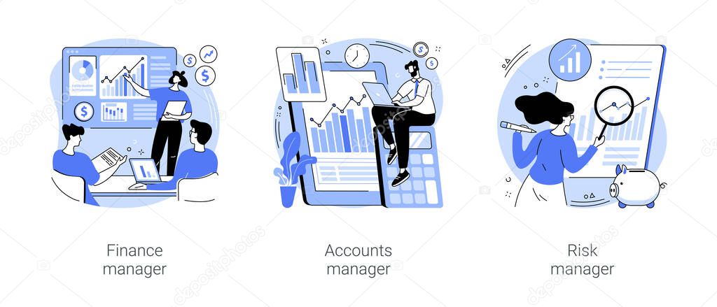 Corporate finance isolated cartoon vector illustrations set. Financial manager make financial report, working with ledger accounts, professional accountant calculates company risks vector cartoon.