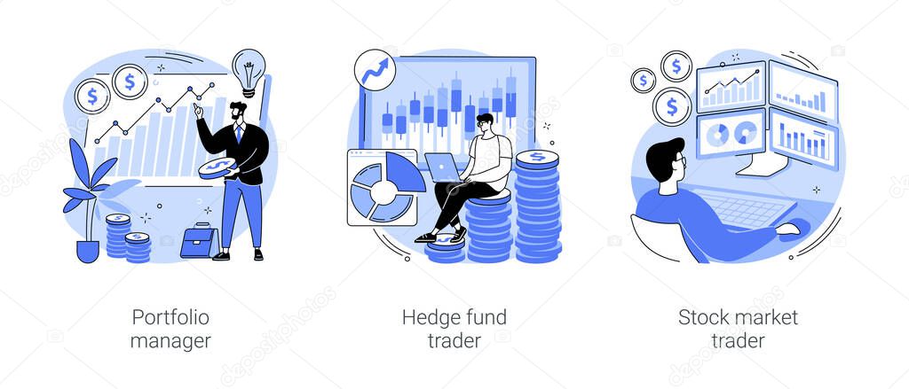 Stock market trade isolated cartoon vector illustrations set. Portfolio manager consult on investment strategy, hedge fund trader maximize business profit, financial analytics vector cartoon.