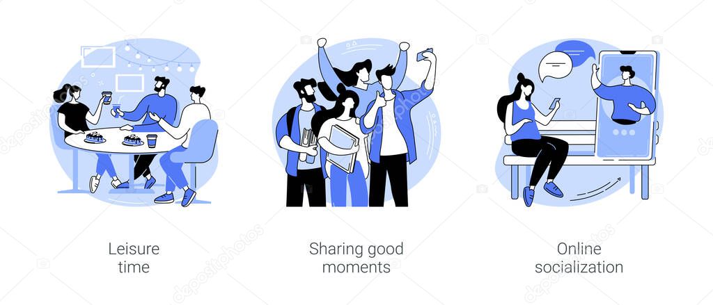 Students socialization isolated cartoon vector illustrations set. Happy friends spend leisure time in coffee shop, sharing good moments, making selfie, young people socialize online vector cartoon.