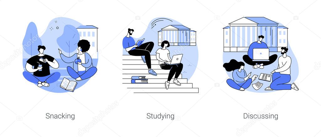 Campus yard isolated cartoon vector illustrations set. Diverse teenagers snacking outdoors, study in the park together, students have discussion outside of university, daily routine vector cartoon.