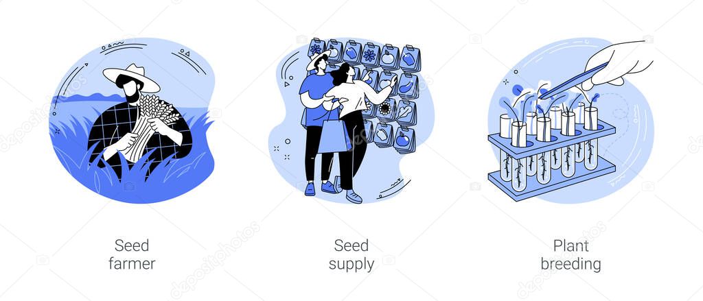 Seeds and plant breeding isolated cartoon vector illustrations set. Smiling farmer planting, picking and buying agricultural supply, seedling and gardening season preparation vector cartoon.
