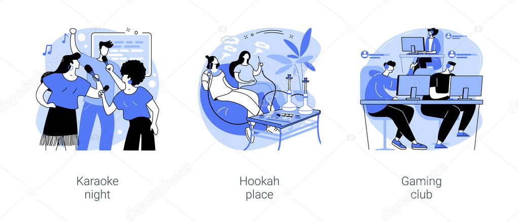 Evening entertainment isolated cartoon vector illustrations set. Karaoke night, smoking shisha in hookah place, gaming club with a lot of computers, leisure time with friends vector cartoon.