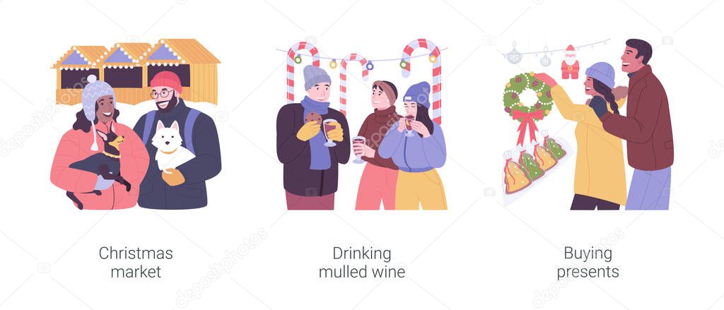 Winter holiday activities isolated cartoon vector illustrations set. Christmas market, drinking mulled wine, buying presents, winter holiday fair decoration, choosing xmas gifts vector cartoon.