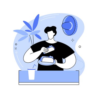 Mexican tacos isolated cartoon vector illustrations. Smiling man eating tacos, Mexican traditional dish, fast food addiction, people lifestyle, street food restaurant vector cartoon.