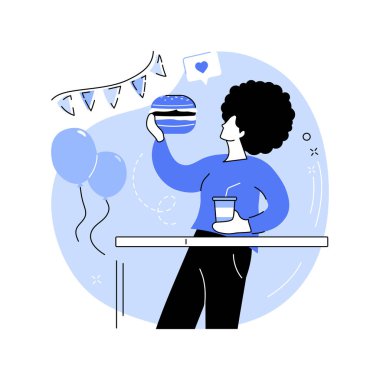 Yummy burger isolated cartoon vector illustrations. Young girl eating out tasty burger at food festival, holding smoothie in hands, junk food addiction, enjoying meal vector cartoon.