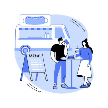 Enjoying the meal isolated cartoon vector illustrations. Couple enjoying delicious street food near truck, eating out together at food festival, first date, having fun outdoors vector cartoon.