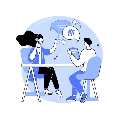 Translation service isolated cartoon vector illustrations. Professional synchronic translators at work, freelance job, small business, multilingual people, interpreter service vector cartoon.