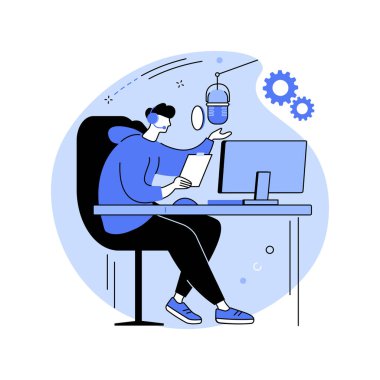 Voice-over artist isolated cartoon vector illustrations. Professional voice over artist speaking into the microphone, recording podcast, small business, freelance job vector cartoon.