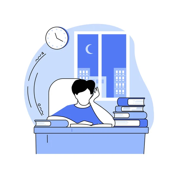 Study Late Night Isolated Cartoon Vector Illustrations Tired Boy Studying — Vetor de Stock