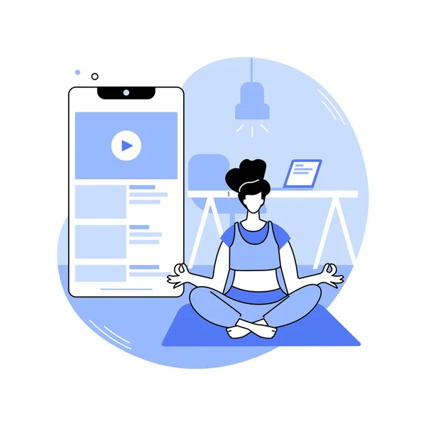 Yoga break isolated cartoon vector illustrations. Sporty girl doing yoga during work break using video tutorials, recreation area in a smart office, modern workplace vector cartoon.