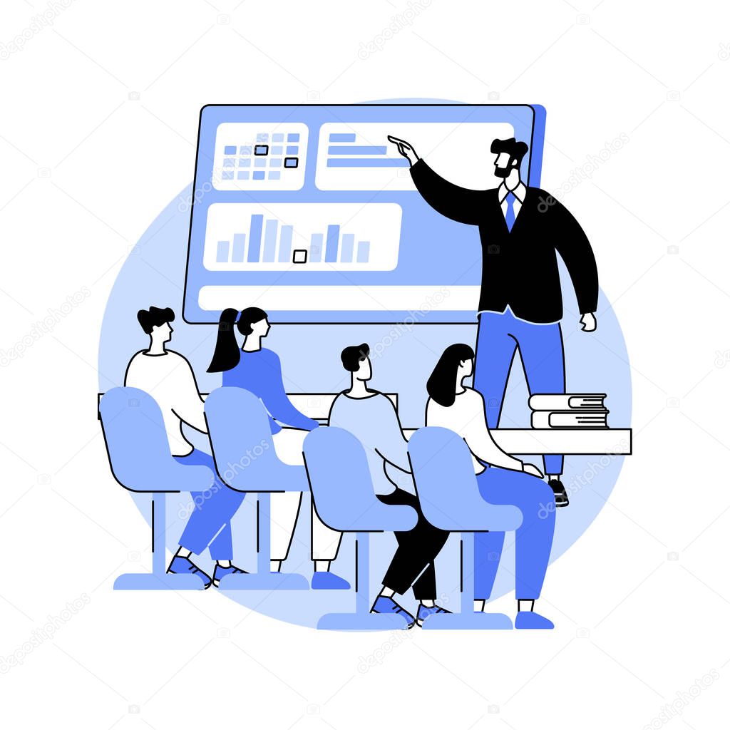 Investment banking isolated cartoon vector illustrations. Professor and finance department students discussing investment banking, masters education at university, raise capital vector cartoon.