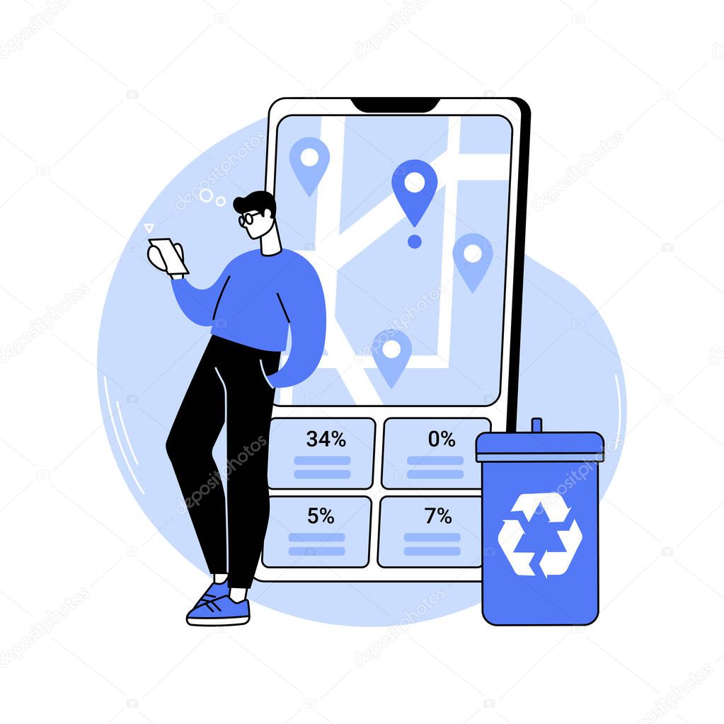 Waste app for citizens isolated cartoon vector illustrations. Man with smartphone looking for a trash bin to throw away waste using app, Internet of Things, modern technology vector cartoon.