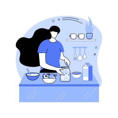 Ev yapımı yoğurt karikatür vektör çizimleri. Güler yüzlü kız yoğurt hazırlıyor mutfak gereçleri, sağlıklı yiyecekler, yemek pişirme kahvaltısı, yemek pişirme hobisi çizgi filmi..