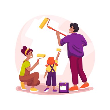 Painting the walls indoors isolated cartoon vector illustration. Happy family members painting a room in bright color, doing home renovation together, children help parents vector cartoon.