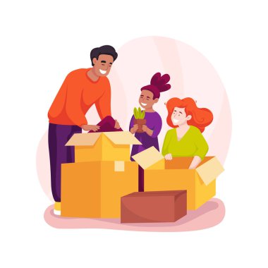 Unboxing items isolated cartoon vector illustration. Family moving to a new house, kids help to unbox household items, happy parents open box, home renovation, unpacking vector cartoon.