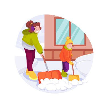 Sidewalk snow removal isolated cartoon vector illustration. Family removing snow from sidewalk near house, parent holding big spade, kid help with small shovel, winter routine vector cartoon.
