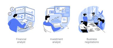 Investment funding isolated cartoon vector illustrations set. Financial analyst explore stock market data, businessman analyze assets, venture funding company, business negotiations vector cartoon.