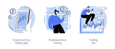 Cryptocurrency trade isolated cartoon vector illustrations set. Person using crypto exchange app, cryptocurrency mining, blockchain ledger, automated trading system, robo-adviser vector cartoon.