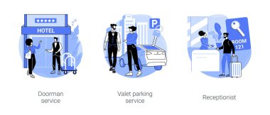 Hotel service isolated cartoon vector illustrations set. Smiling doorman welcoming guest, valet parking worker gets keys from clients car, receptionist provide information to people vector cartoon.