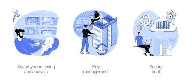 Smart city security isolated cartoon vector illustrations set. Monitoring and analysis, looking at screens with diverse of people, device key management, secure boot protocol vector cartoon.