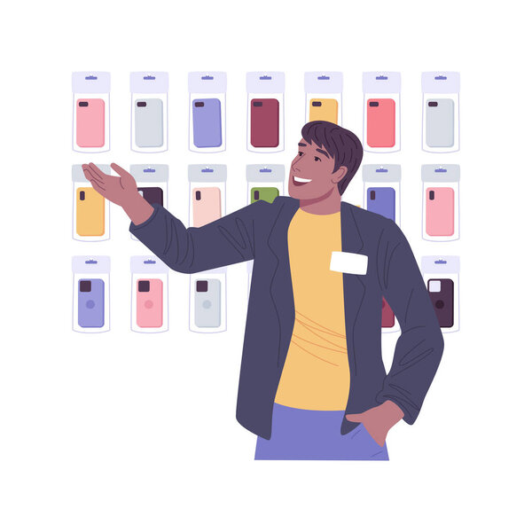 Smartphone cases isolated cartoon vector illustrations. Accessories store worker deals with smartphone covers and cases, mobile technology, diversity of gadgets protectors vector cartoon.