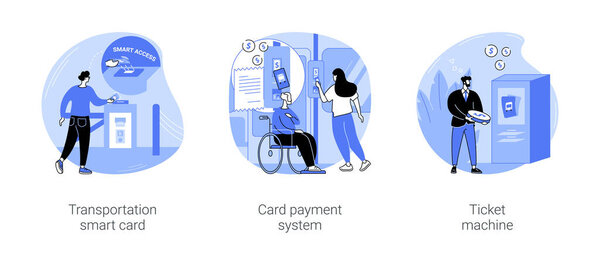 Public transport payment methods isolated cartoon vector illustrations set. Transportation smart card, making cashless payment, citizen use ticket machine, smart city technology vector cartoon.