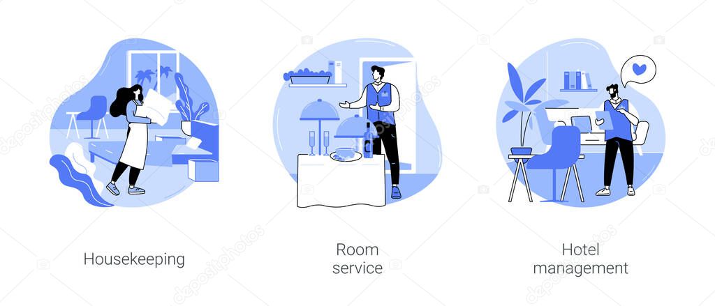 Hotel jobs isolated cartoon vector illustrations set. Housekeeper in uniform making bed in room, cleaning lady, room service, breakfast in bed, hotel management, hospitality business vector cartoon.