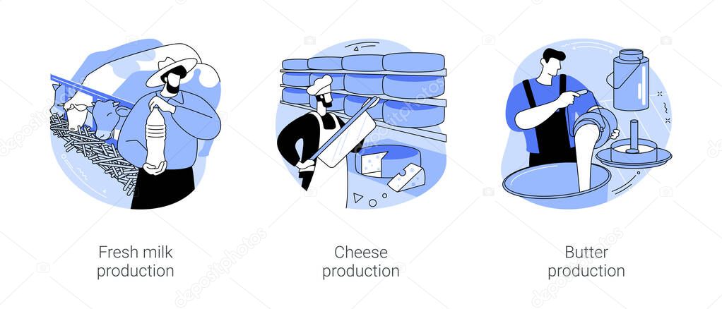 Dairy farming isolated cartoon vector illustrations set. Farmer holding bottle with fresh milk, making cheese at farm, butter production, secondary product, agribusiness, farming vector cartoon.