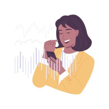 Stock trading app isolated cartoon vector illustrations. Concentrated woman holds smartphone and uses stock trading application, money investment, financial analytics vector cartoon.