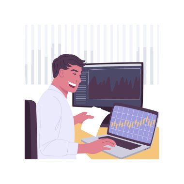 Trading platform isolated cartoon vector illustrations. Man with laptop using trading platform, diagram on the screen, money investment, financial exchange, stock market industry vector cartoon.