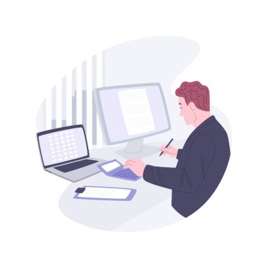 Accounts manager isolated cartoon vector illustrations. Manager working with ledger accounts and financial statements using computer, business people, stock market analysis vector cartoon.
