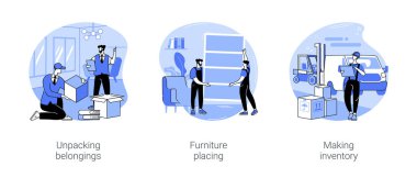 Full service movers isolated cartoon vector illustrations set. Professional worker unpacking belongings, people in uniform placing furniture in new house, manager making inventory vector cartoon.