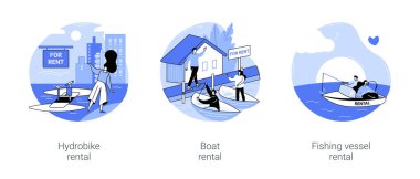 Boat rental isolated cartoon vector illustrations set. Smiling girl standing near rental hydrobike on the pier, diverse people rent a boat on vacation, fishing from marine vessel vector cartoon.