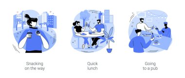 Şehir yemeği izole çizgi film vektör çizimleri ayarlandı. Yolda atıştırmak, kafede hızlı bir öğle yemeği, bir bara gitmek, sokakta kahve içmek, iş sonrası bira içmek..