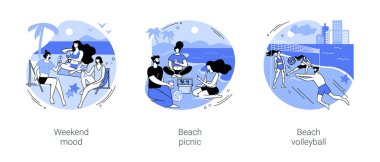 Şehir plajı izole çizgi film çizimleri ayarlandı. Yaz haftasonu havası, plaj pikniği, arkadaşlarla voleybol oynamak, kokteyl içmek, dinlenme günü, vektör karikatür yapmak..