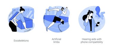 Human augmentation isolated cartoon vector illustrations set. Person wearing exoskeleton, bionics and prosthetic augmentation, athlete runs with artificial limb, hearing aids vector cartoon.
