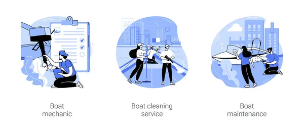 Boat Maintenance Isolated Cartoon Vector Illustrations Set Professional Mechanic Fixes — 图库矢量图片