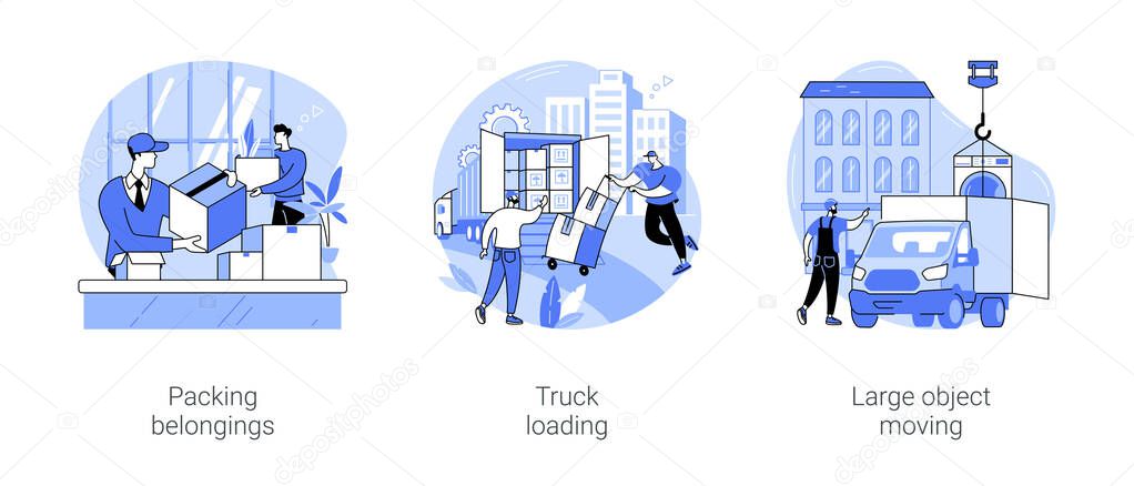 Moving company isolated cartoon vector illustrations set. Professional worker packing belongings for moving, man in uniform loading truck, movers relocating large object vector cartoon.