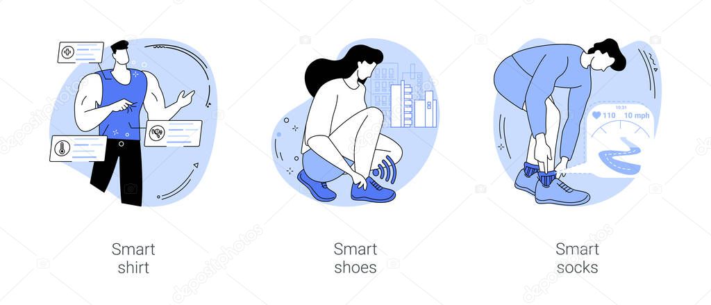 Smart clothing isolated cartoon vector illustrations set. Confident man wearing smart shirt, shoes to analyze running data, socks tracking steps and speed, digital lifestyle vector cartoon.