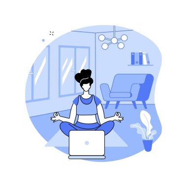 Meditation isolated cartoon vector illustrations. Young girl meditating and watching online tutorial with laptop, distance education, mindfulness state, stress management vector cartoon.