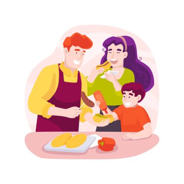 Hot dog party isolated cartoon vector illustration. Hot dog ingredients in plates on the table, parents grill sausages, family BBQ, leisure time, children put ketchup on top vector cartoon.
