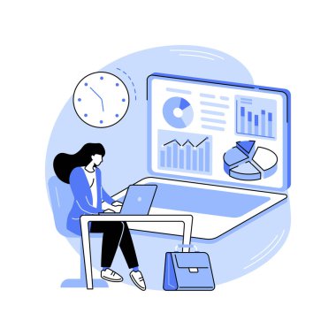 İzole edilmiş veri karikatür vektör çizimleri analiz ediliyor. Pazarlama yöneticisi neredeyse gerçek zamanlı olarak performans analizi yapıyor, bilişim teknolojisi, veri transferi, CRM sistemi, büyük veri vektör karikatürü.