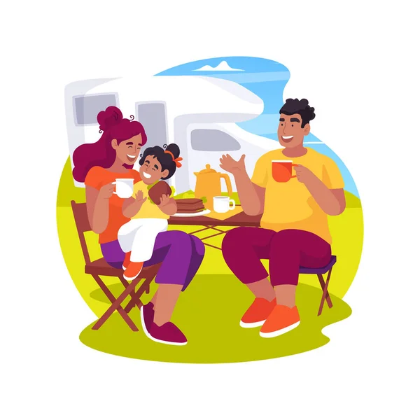 Camper Travel Isolated Cartoon Vector Illustration Family Sitting Folding Table — Stockvektor