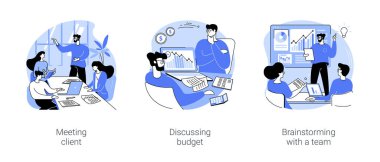 Launching IT project isolated cartoon vector illustrations set. Diverse IT company workers meeting client in conference room, discussing budget, brainstorming with developers team vector cartoon.